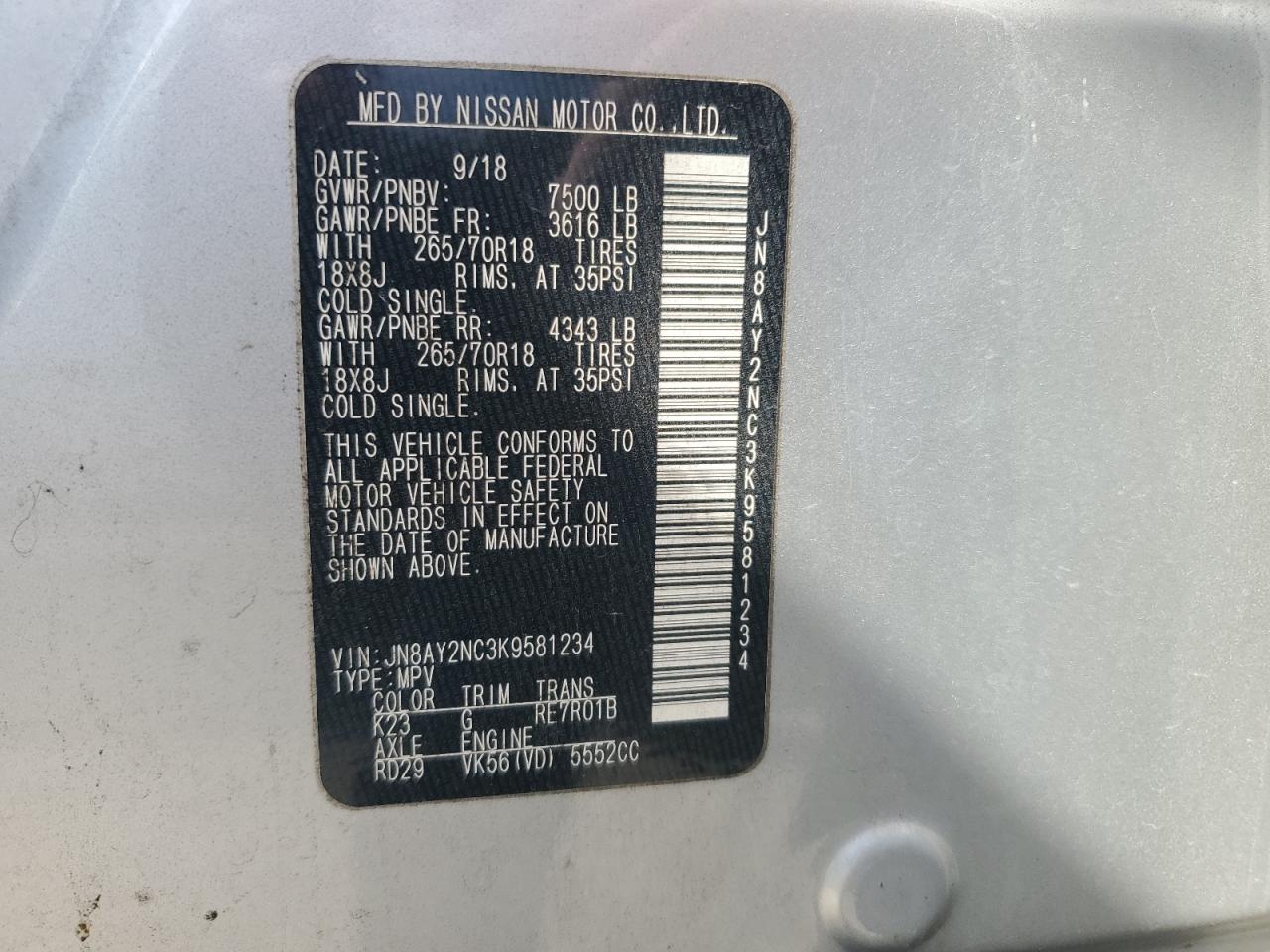 2019 Nissan Armada Sv VIN: JN8AY2NC3K9581234 Lot: 82268095