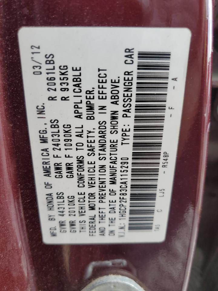 2012 Honda Accord Exl VIN: 1HGCP2F83CA115290 Lot: 84554085