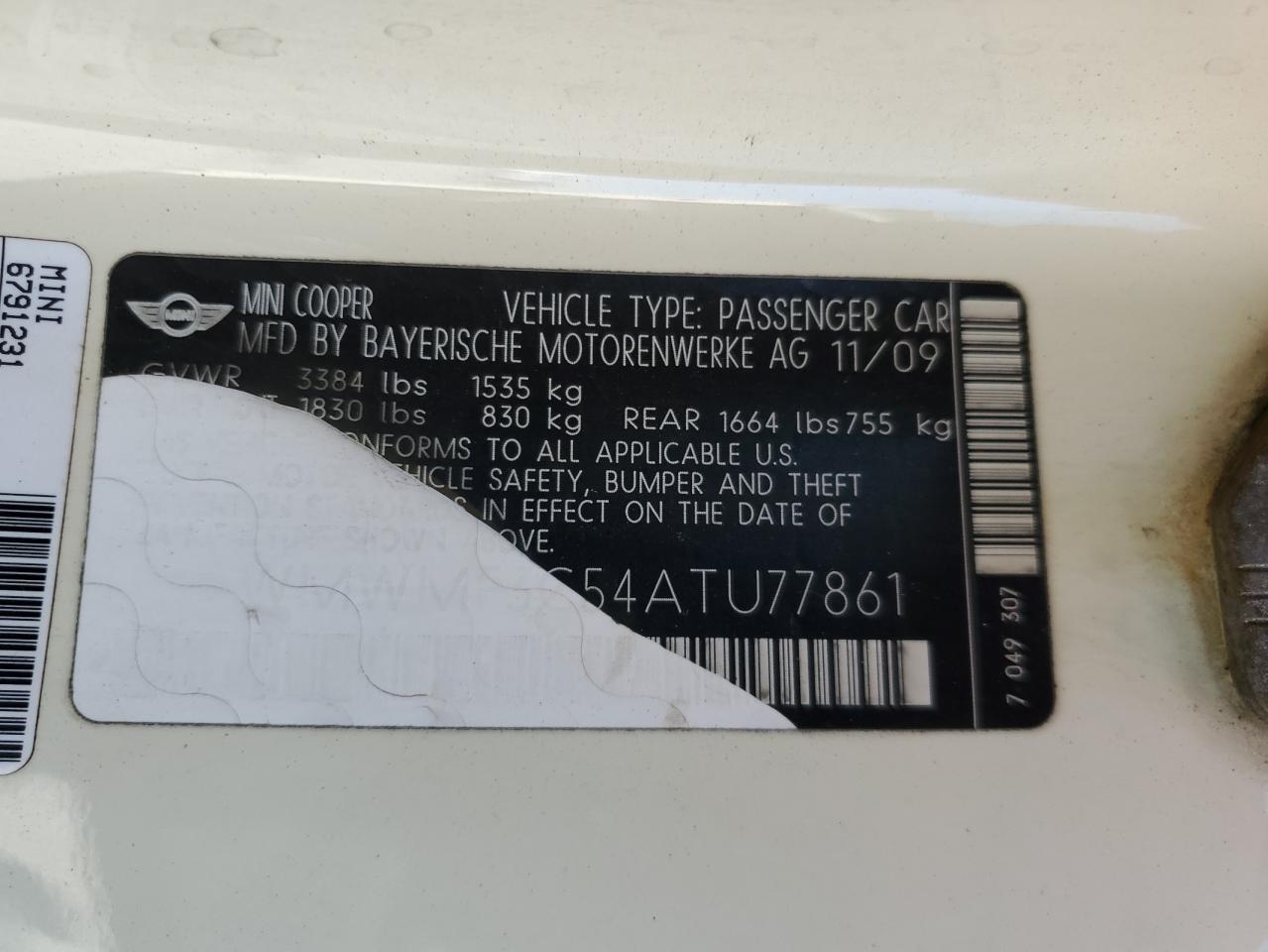 2010 Mini Cooper VIN: WMWMF3C54ATU77861 Lot: 84931205