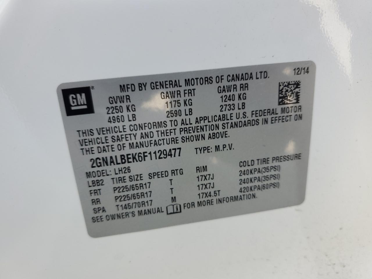 2015 Chevrolet Equinox Lt VIN: 2GNALBEK6F1129477 Lot: 85334395