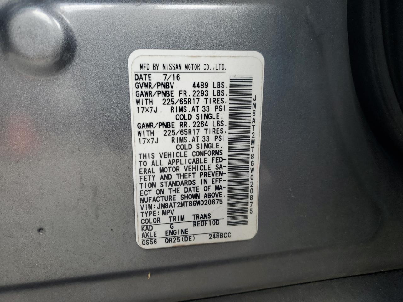 2016 Nissan Rogue S VIN: JN8AT2MT8GW020875 Lot: 82306925