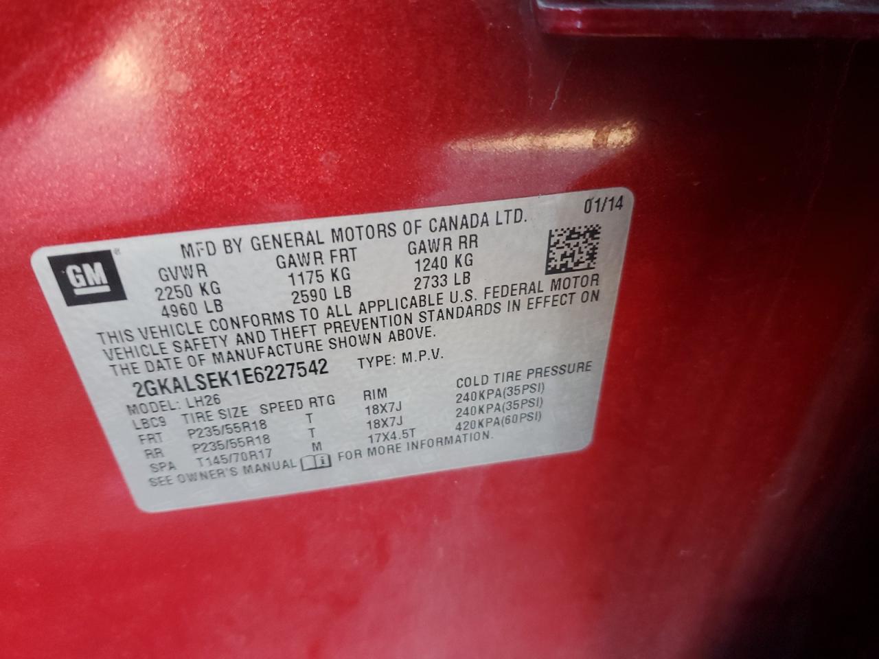 2014 GMC Terrain Slt VIN: 2GKALSEK1E6227542 Lot: 86410225