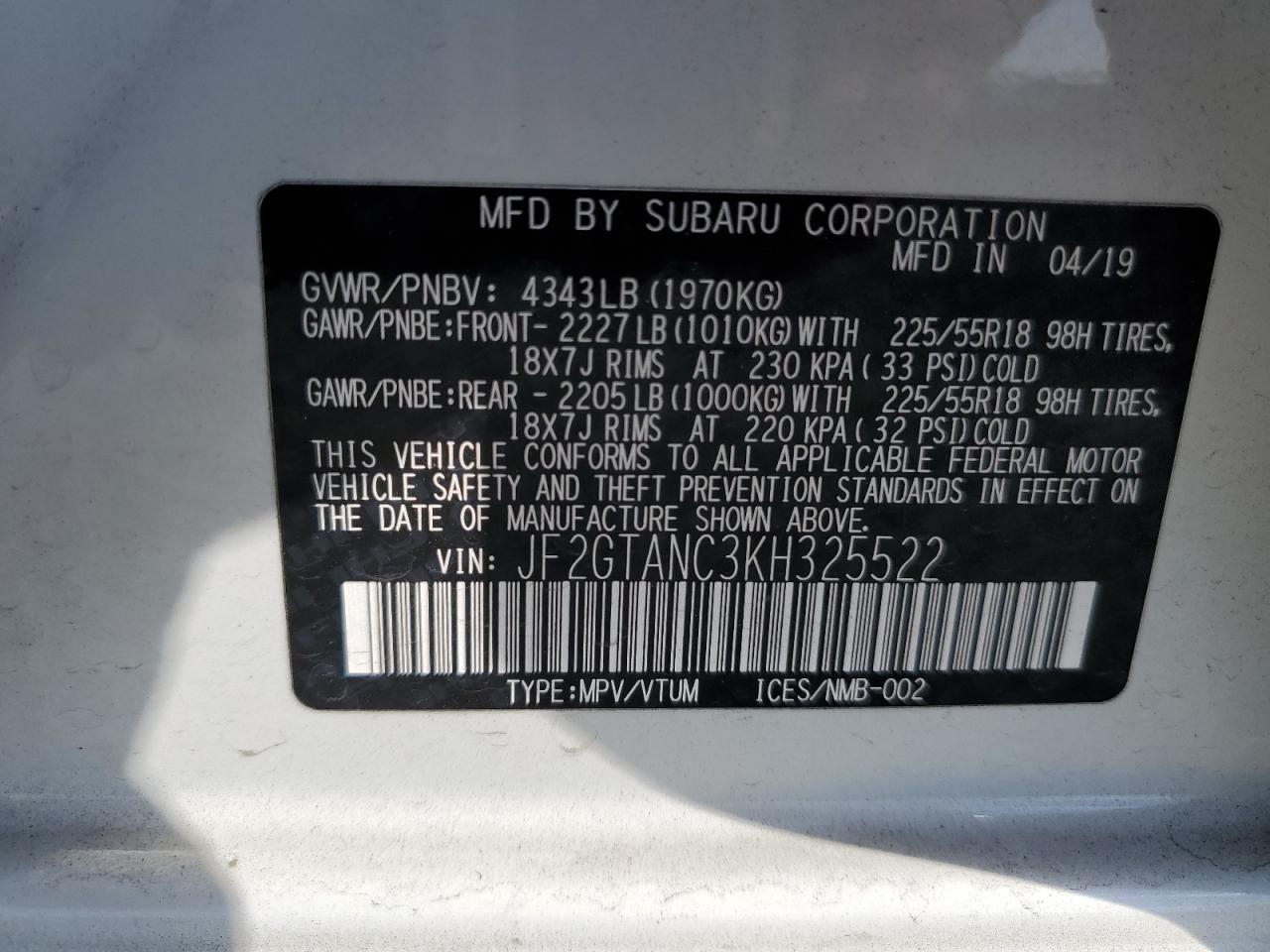 2019 Subaru Crosstrek Limited VIN: JF2GTANC3KH325522 Lot: 85578085