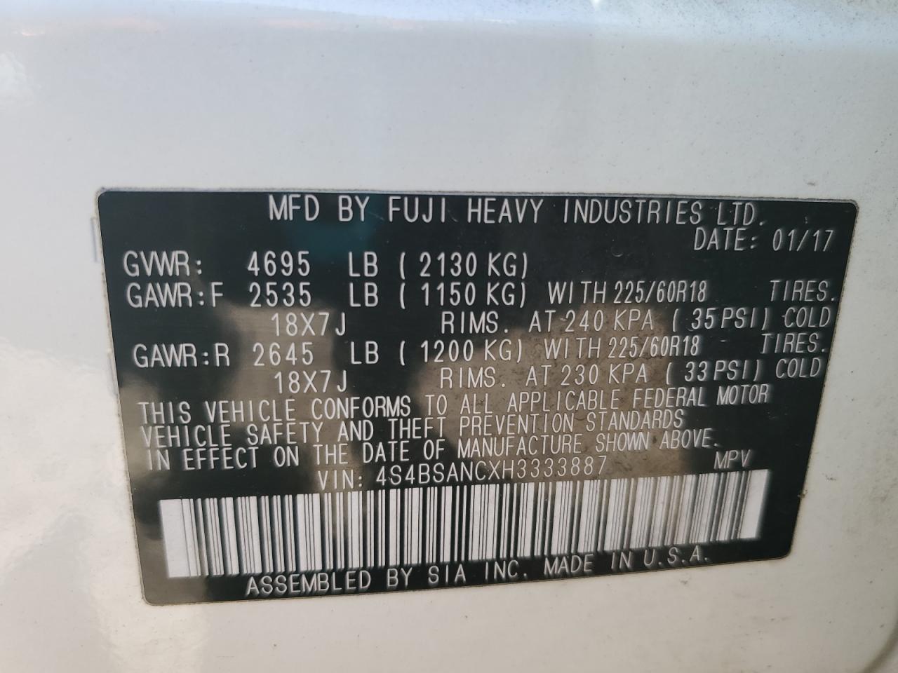 2017 Subaru Outback 2.5I Limited VIN: 4S4BSANCXH3333887 Lot: 82614805