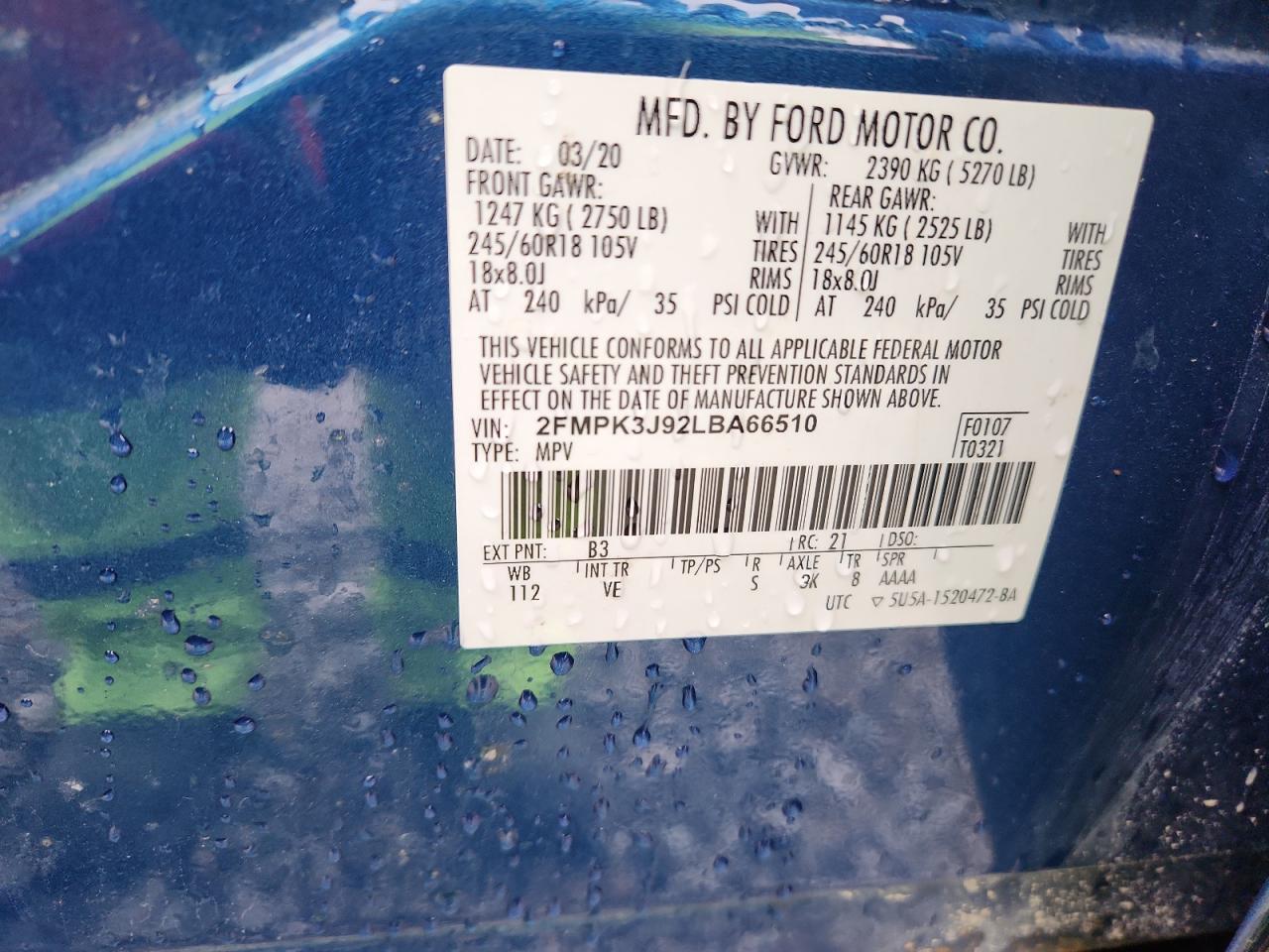 2020 Ford Edge Sel VIN: 2FMPK3J92LBA66510 Lot: 82772315