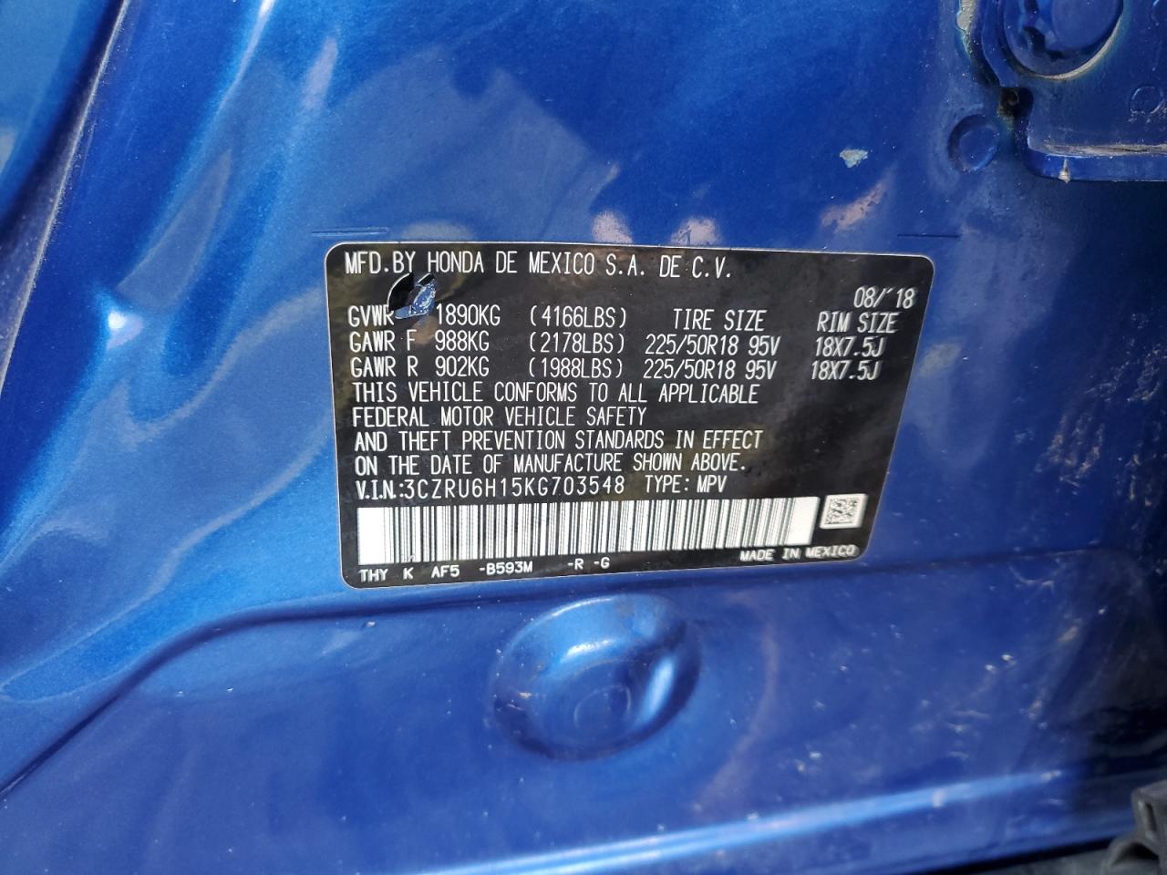 2019 Honda Hr-V Sport VIN: 3CZRU6H15KG703548 Lot: 85307375