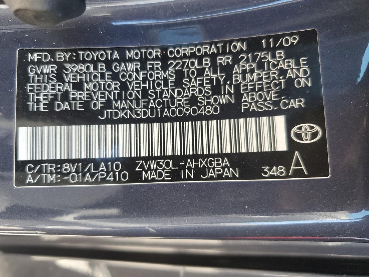2010 Toyota Prius VIN: JTDKN3DU1A0090480 Lot: 85168525