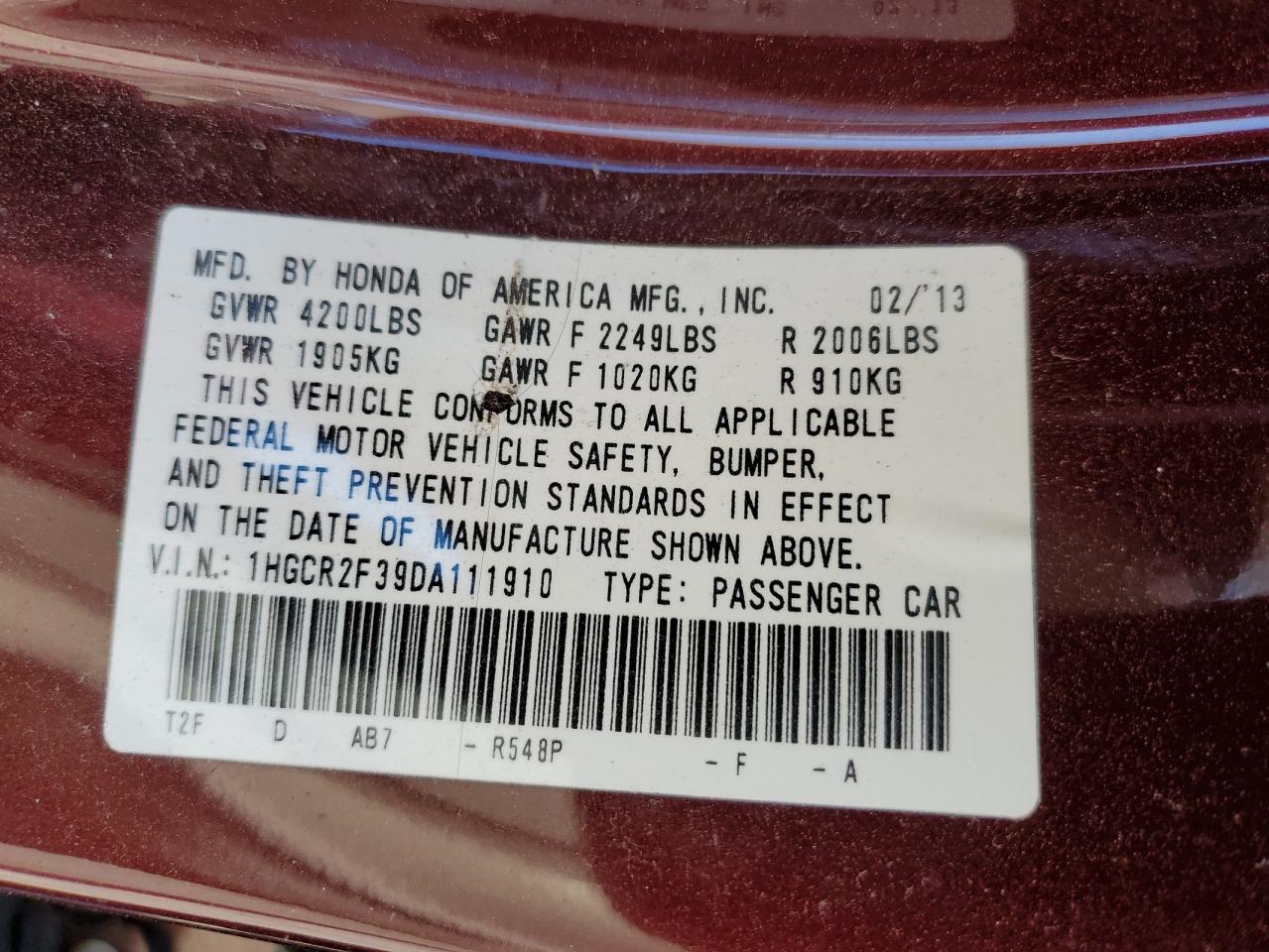 2013 Honda Accord Lx VIN: 1HGCR2F39DA111910 Lot: 82357045