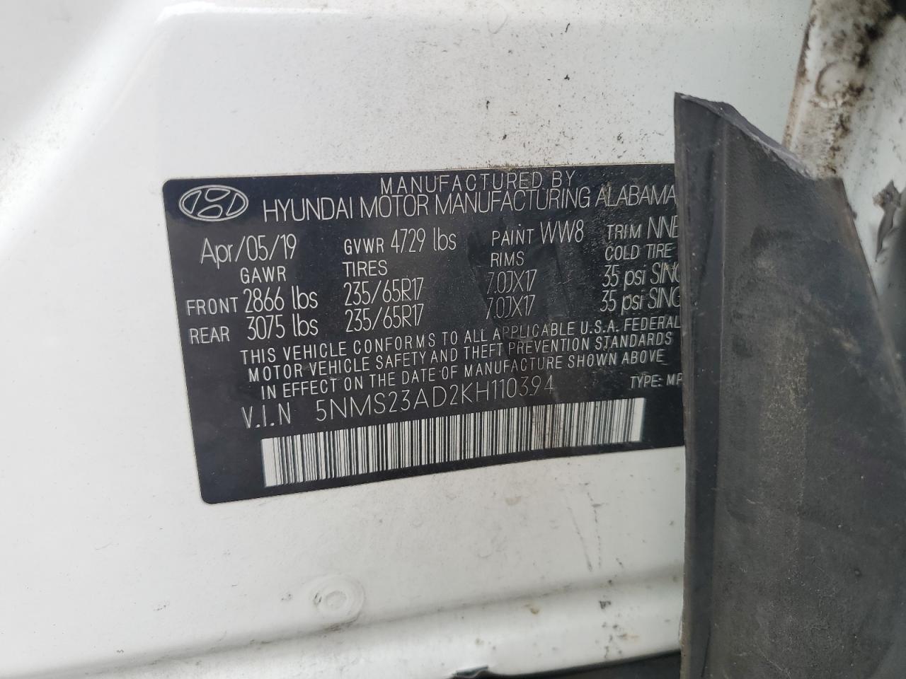 2019 Hyundai Santa Fe Se VIN: 5NMS23AD2KH110394 Lot: 82352245