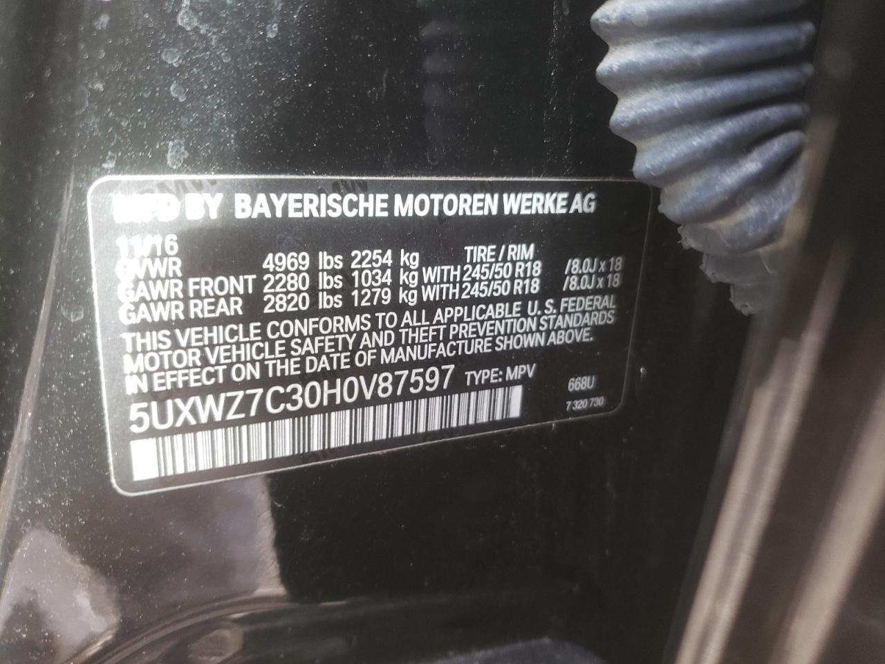 2017 BMW X3 Sdrive28I VIN: 5UXWZ7C30H0V87597 Lot: 81994515
