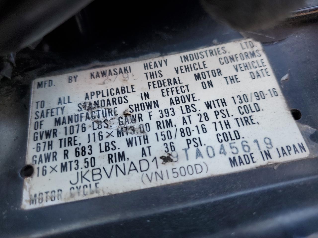 1996 Kawasaki Vn1500 D VIN: JKBVNAD19TA045619 Lot: 81767805