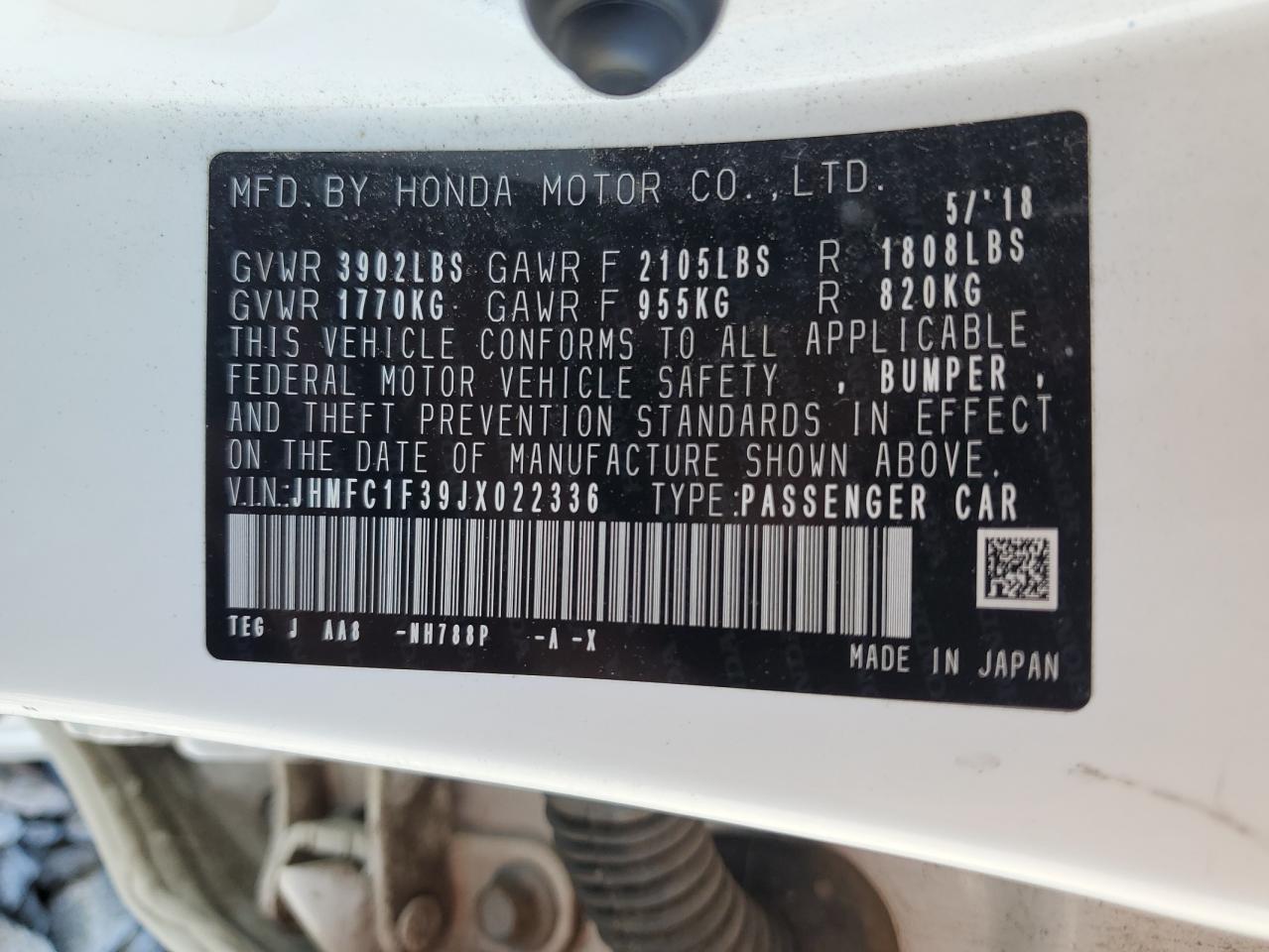 2018 Honda Civic Ex VIN: JHMFC1F39JX022336 Lot: 86085925