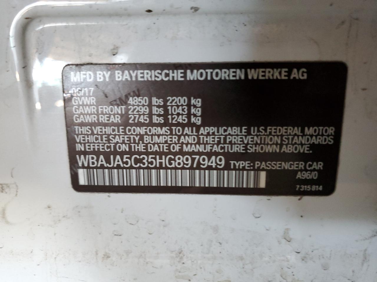 2017 BMW 530 I VIN: WBAJA5C35HG897949 Lot: 85329075