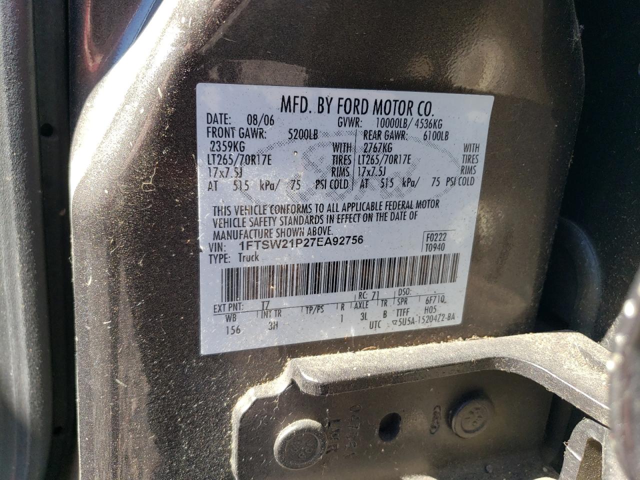 2007 Ford F250 Super Duty VIN: 1FTSW21P27EA92756 Lot: 89724145