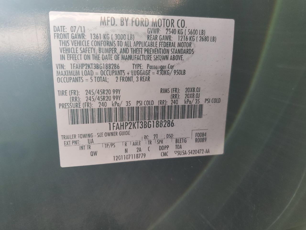 2011 Ford Taurus Sho VIN: 1FAHP2KT3BG188286 Lot: 90920575