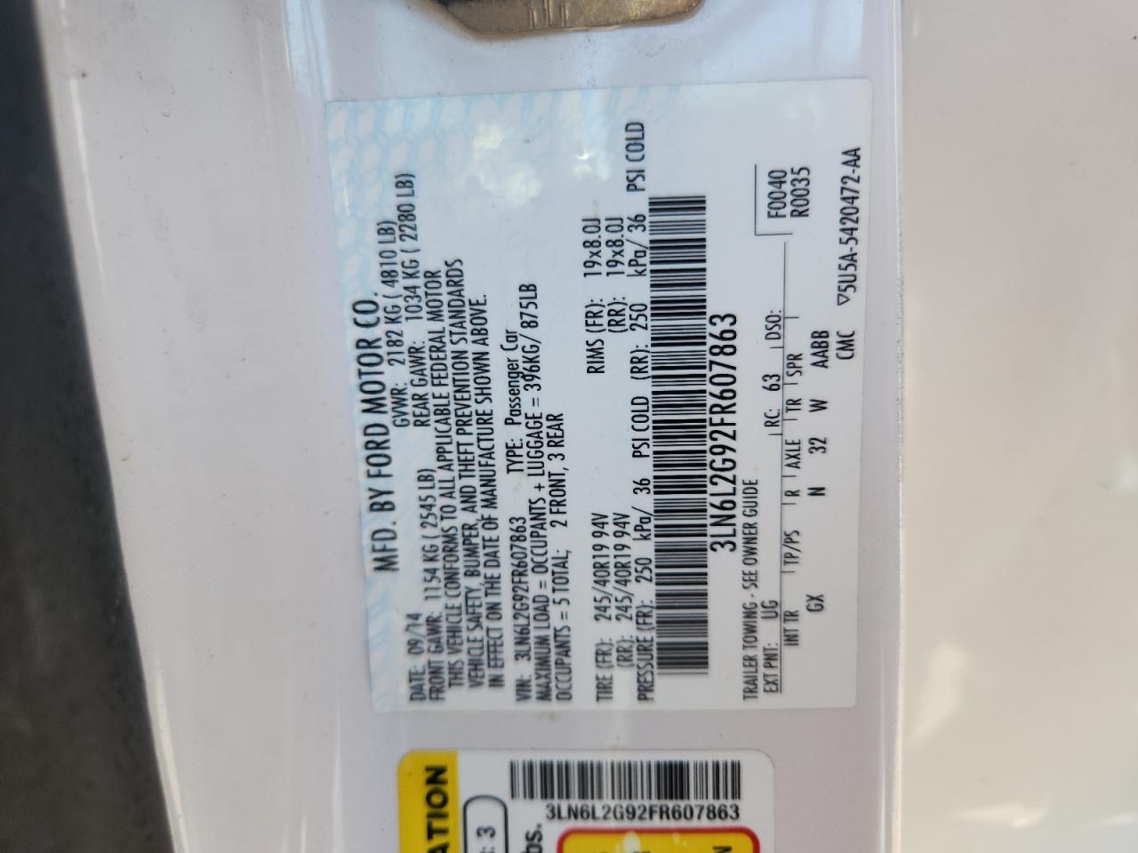 2015 Lincoln Mkz VIN: 3LN6L2G92FR607863 Lot: 82238055