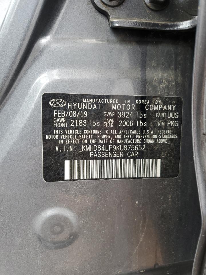 2019 Hyundai Elantra Sel VIN: KMHD84LF9KU875652 Lot: 85167545
