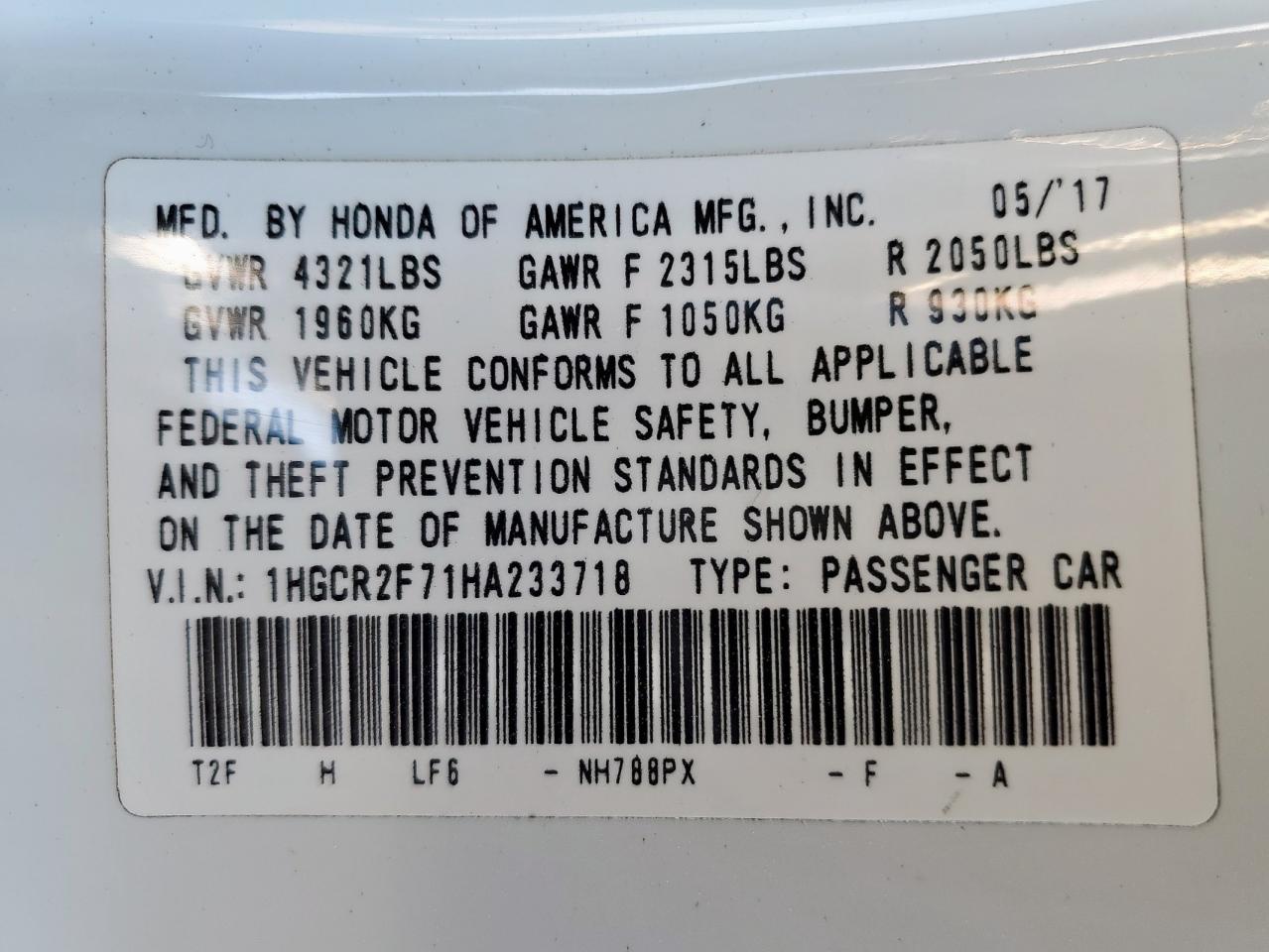 2017 Honda Accord Ex VIN: 1HGCR2F71HA233718 Lot: 86121005