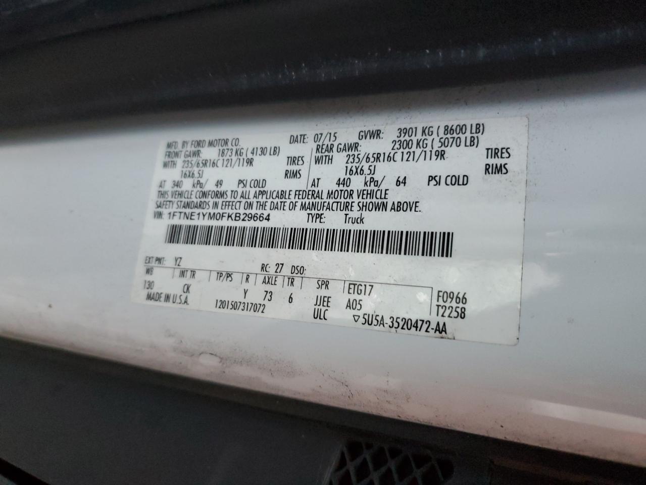 2015 Ford Transit T-150 VIN: 1FTNE1YM0FKB29664 Lot: 82435205