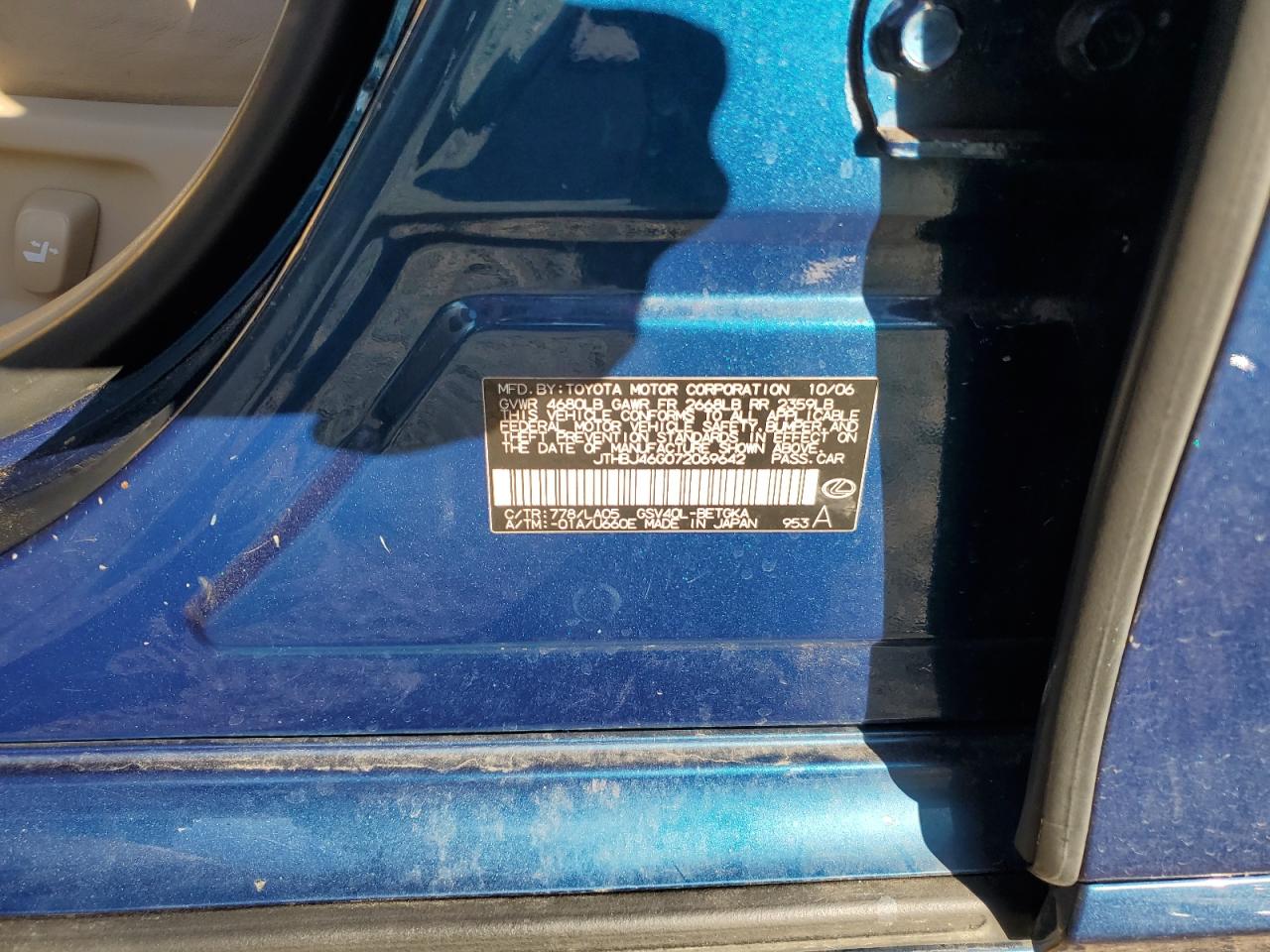 2007 Lexus Es 350 VIN: JTHBJ46G072069642 Lot: 84925845