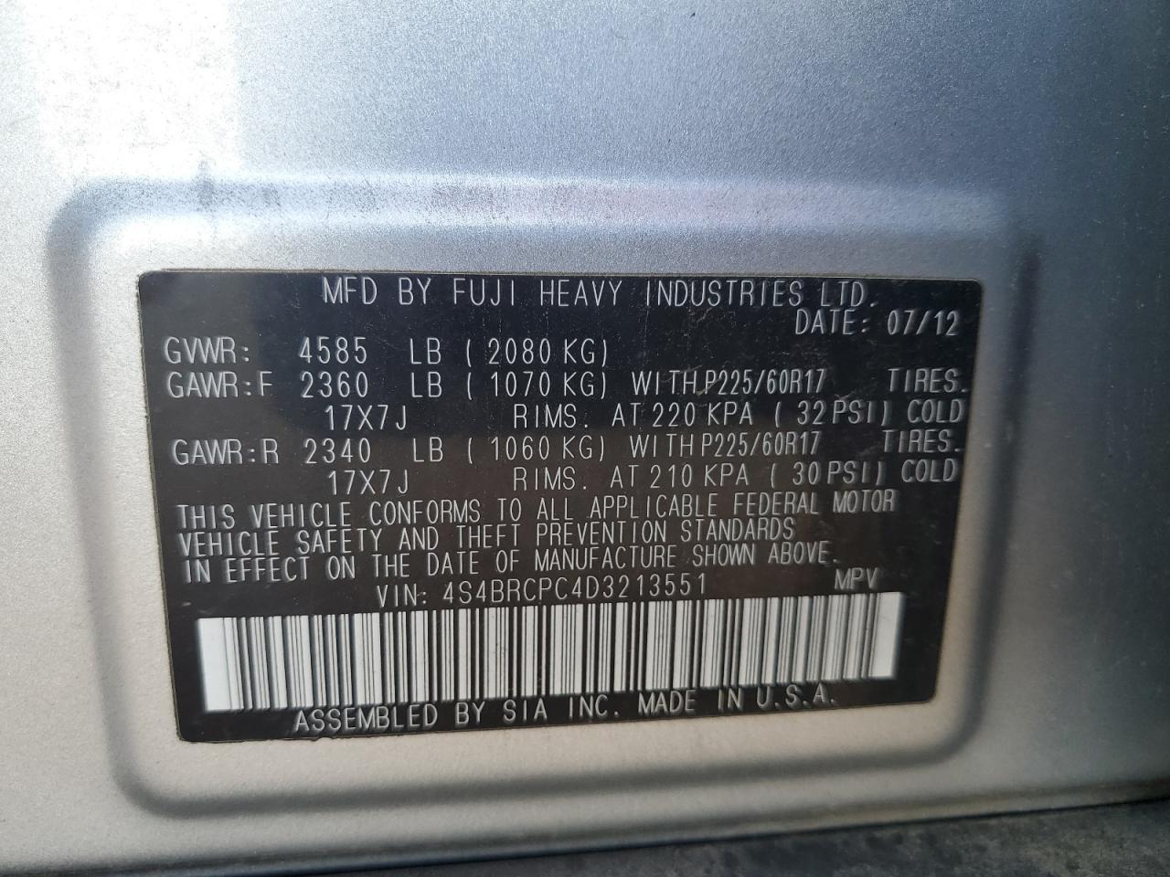 2013 Subaru Outback 2.5I Limited VIN: 4S4BRCPC4D3213551 Lot: 87176075