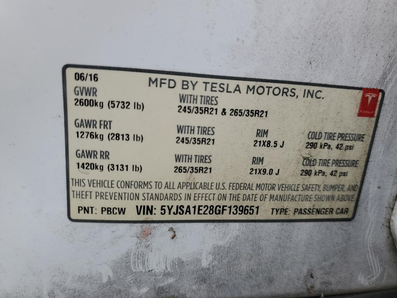 2016 Tesla Model S VIN: 5YJSA1E28GF139651 Lot: 85884755