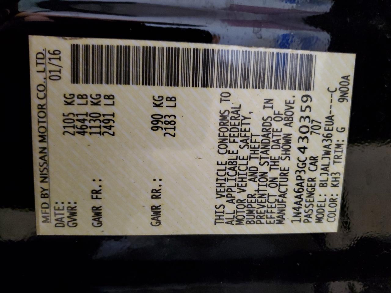 2016 Nissan Maxima 3.5S VIN: 1N4AA6AP3GC430359 Lot: 84382385