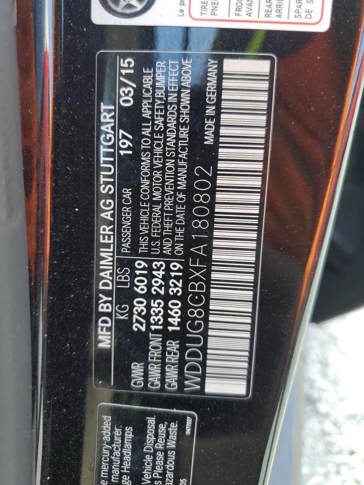 2015 Mercedes-Benz S 550 VIN: WDDUG8CBXFA180802 Lot: 84802305
