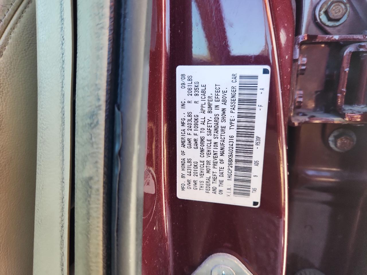 2009 Honda Accord Exl VIN: 1HGCP268X9A024316 Lot: 85161305