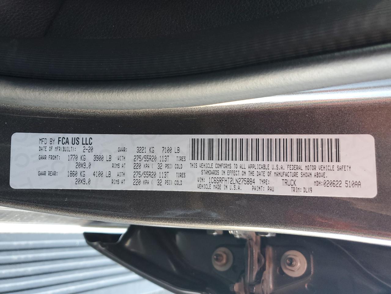 2020 Ram 1500 Limited VIN: 1C6SRFHT2LN275884 Lot: 90376495