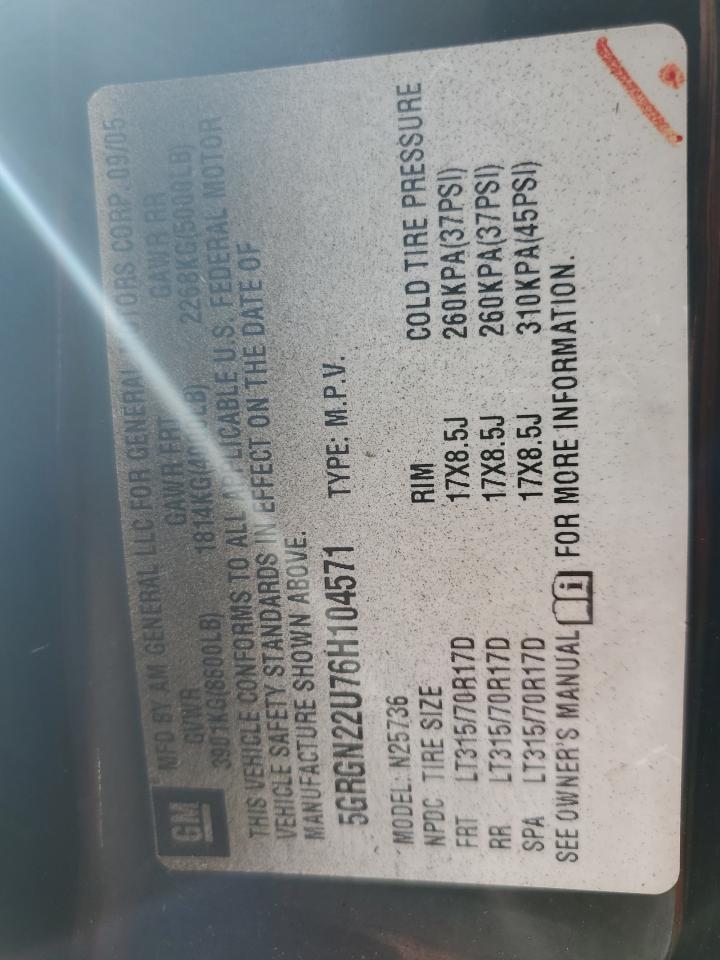 2006 Hummer H2 Sut VIN: 5GRGN22U76H104571 Lot: 84441035