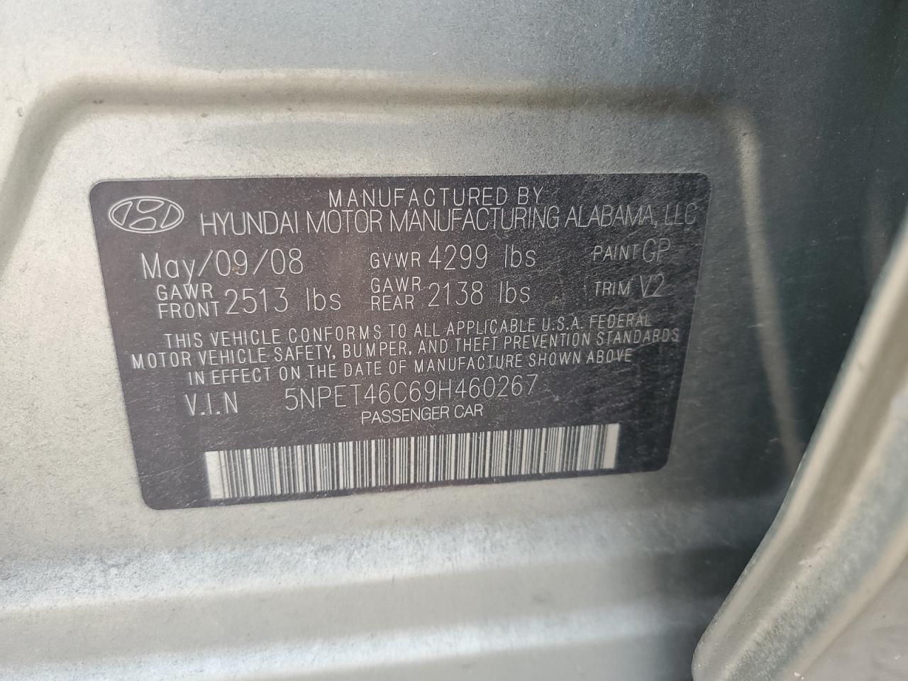 2009 Hyundai Sonata Gls VIN: 5NPET46C69H460267 Lot: 85881145