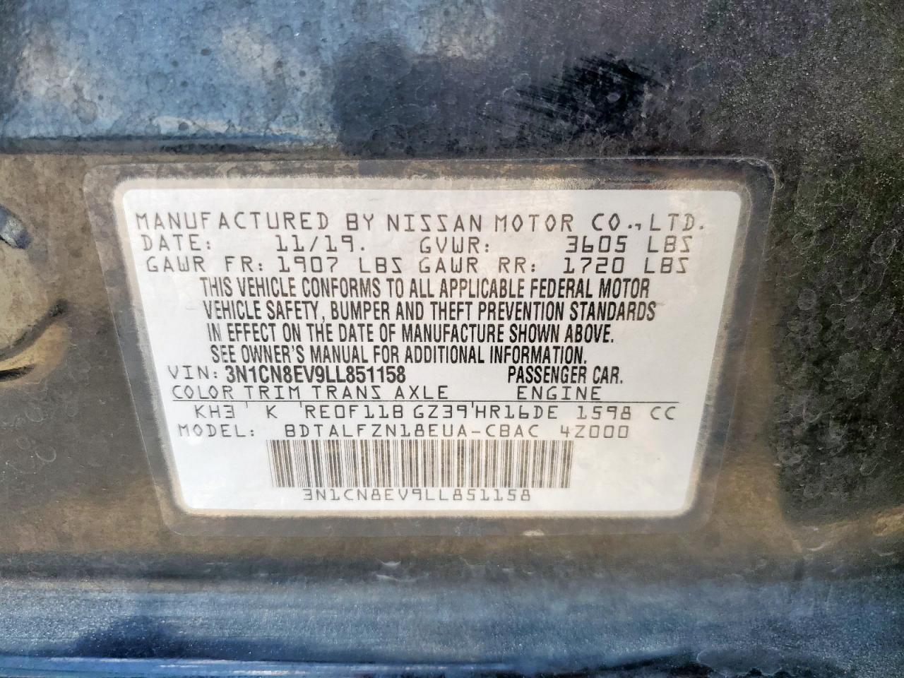 2020 Nissan Versa Sv VIN: 3N1CN8EV9LL851158 Lot: 82193615