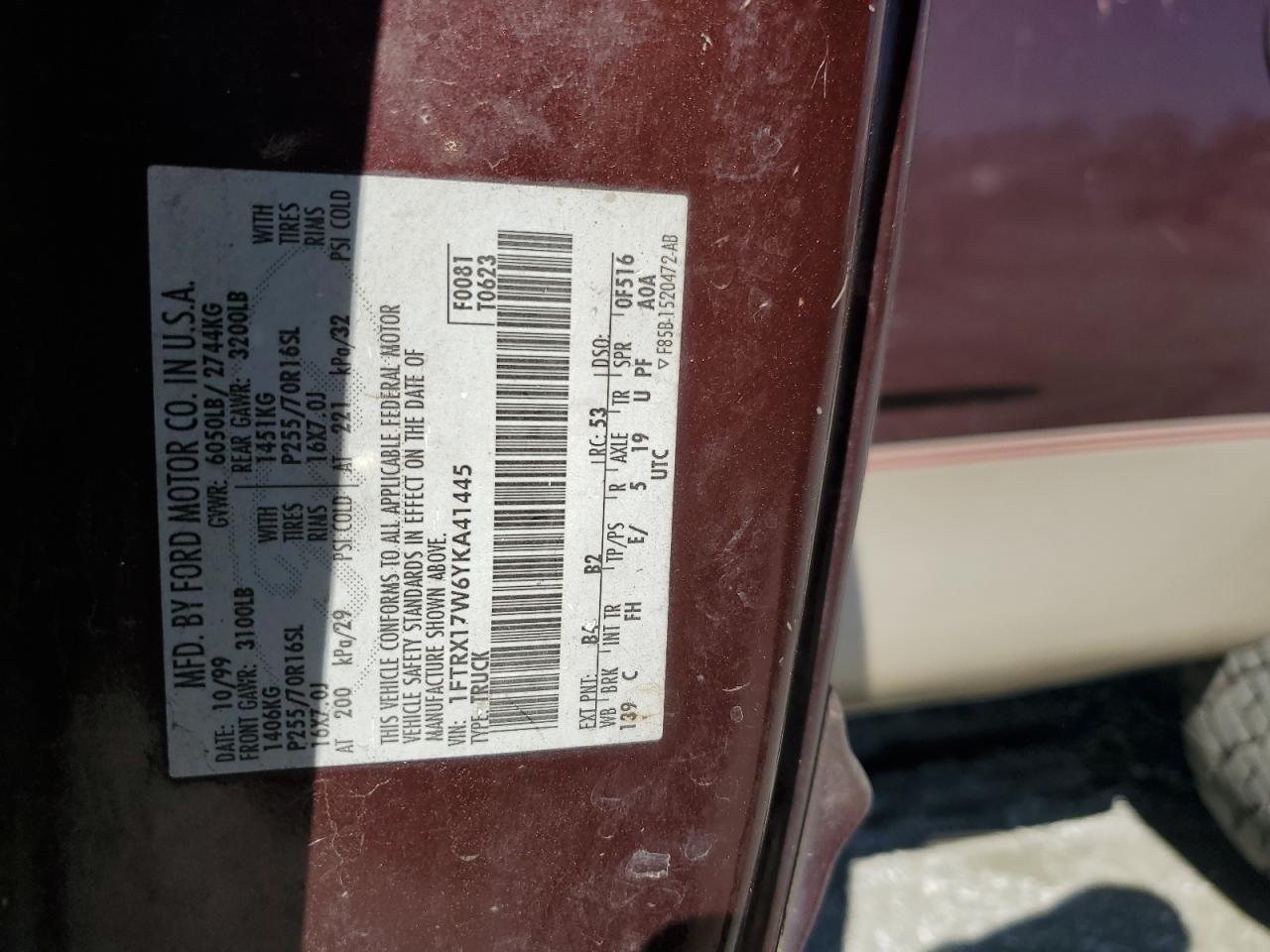 2000 Ford F150 VIN: 1FTRX17W6YKA41445 Lot: 85125655