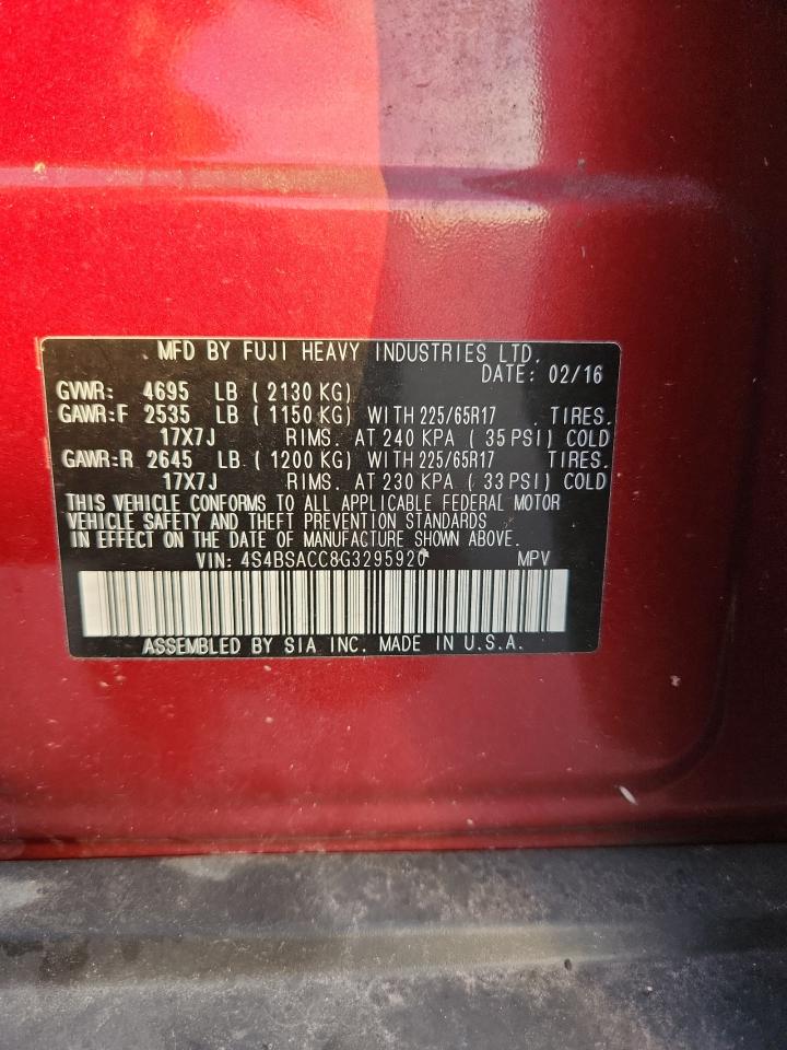 2016 Subaru Outback 2.5I Premium VIN: 4S4BSACC8G3295920 Lot: 85354025