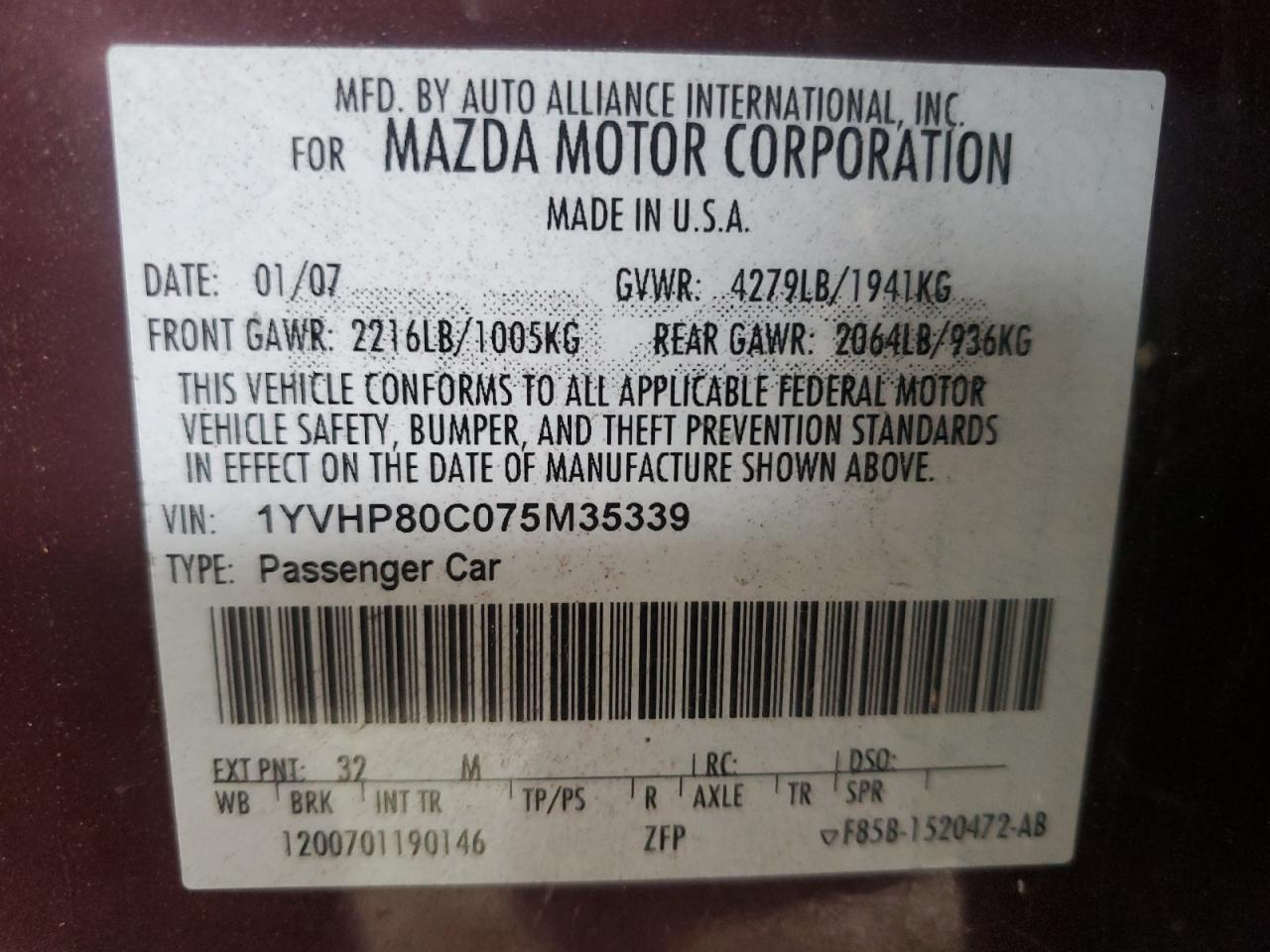 2007 Mazda 6 I VIN: 1YVHP80C075M35339 Lot: 82284765