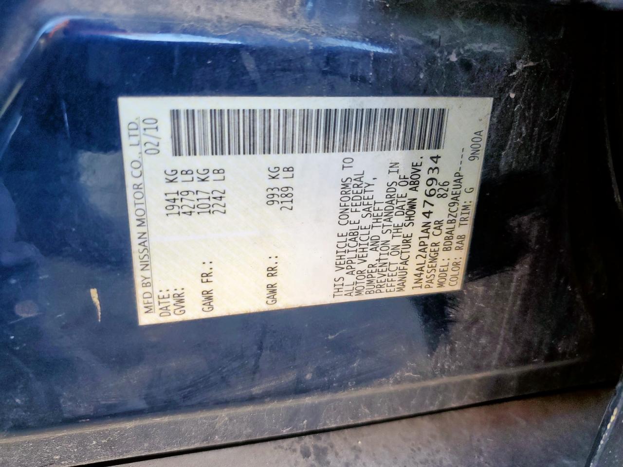 2010 Nissan Altima Base VIN: 1N4AL2AP1AN476934 Lot: 82403985