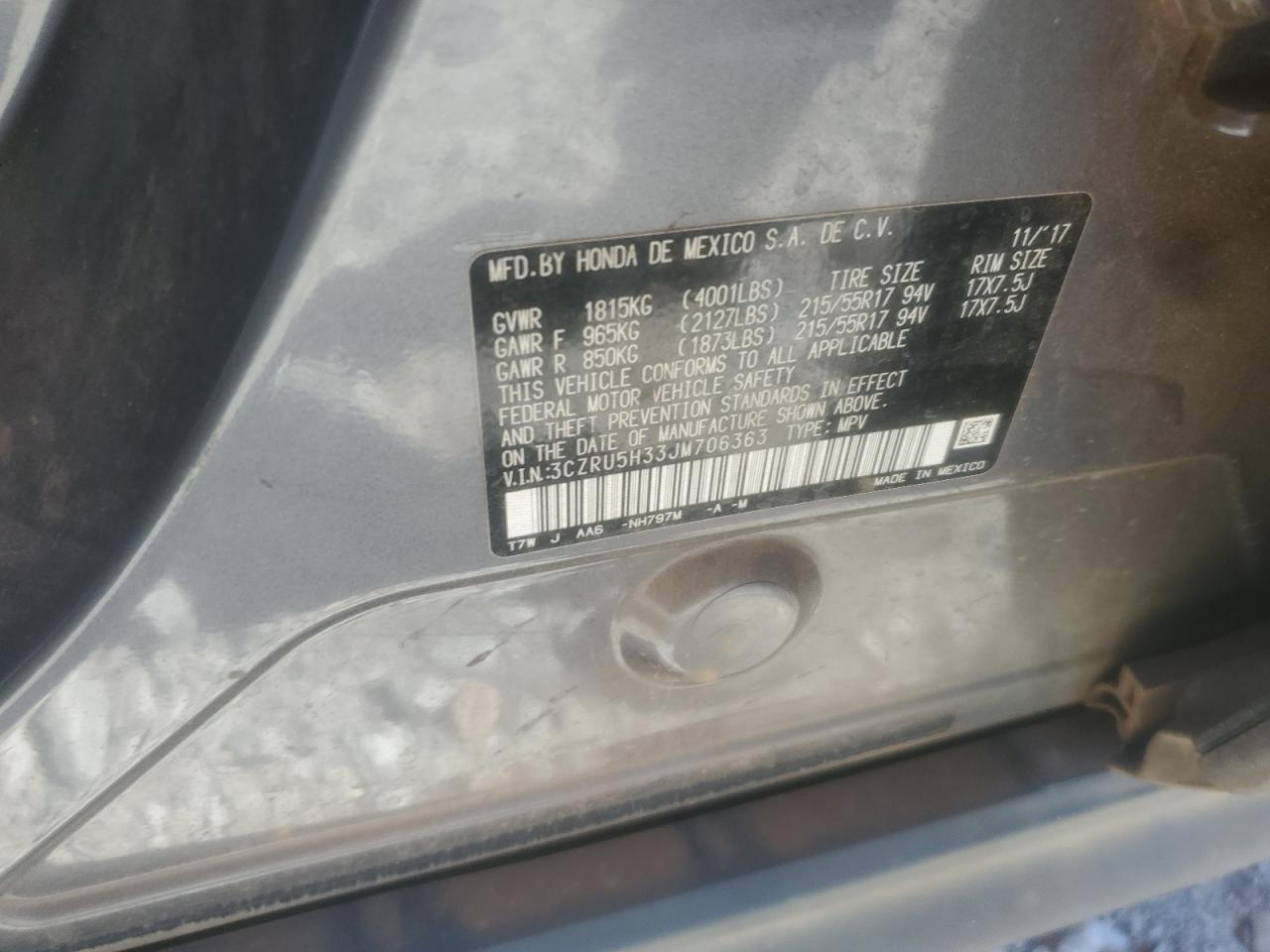 2018 Honda Hr-V Lx VIN: 3CZRU5H33JM706363 Lot: 87196175