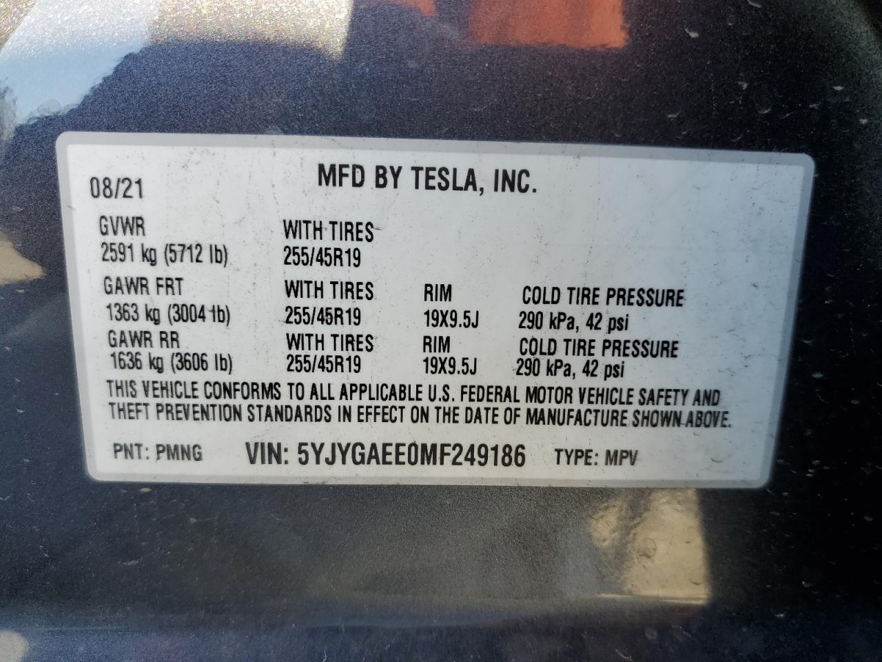 2021 Tesla Model Y VIN: 5YJYGAEE0MF249186 Lot: 87294225