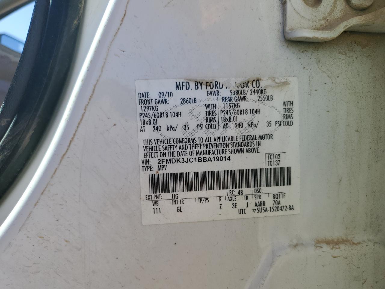 2011 Ford Edge Sel VIN: 2FMDK3JC1BBA19014 Lot: 82605525