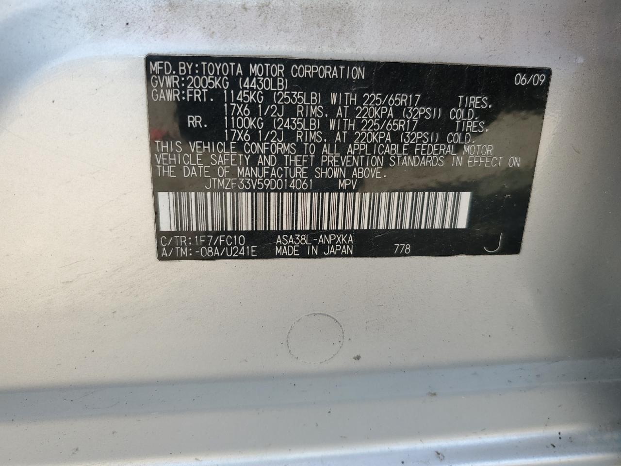 2009 Toyota Rav4 VIN: JTMZF33V59D014061 Lot: 82001085