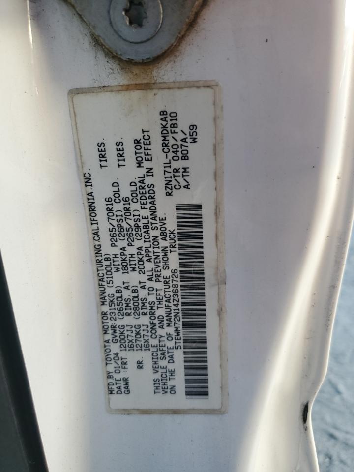 2004 Toyota Tacoma Xtracab VIN: 5TEWM72N14Z368726 Lot: 86518755