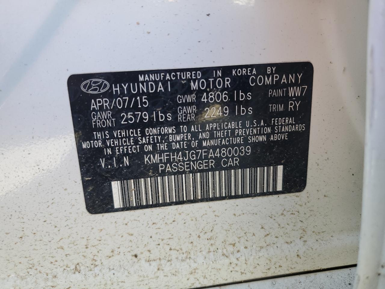 2015 Hyundai Azera Limited VIN: KMHFH4JG7FA480039 Lot: 86709105