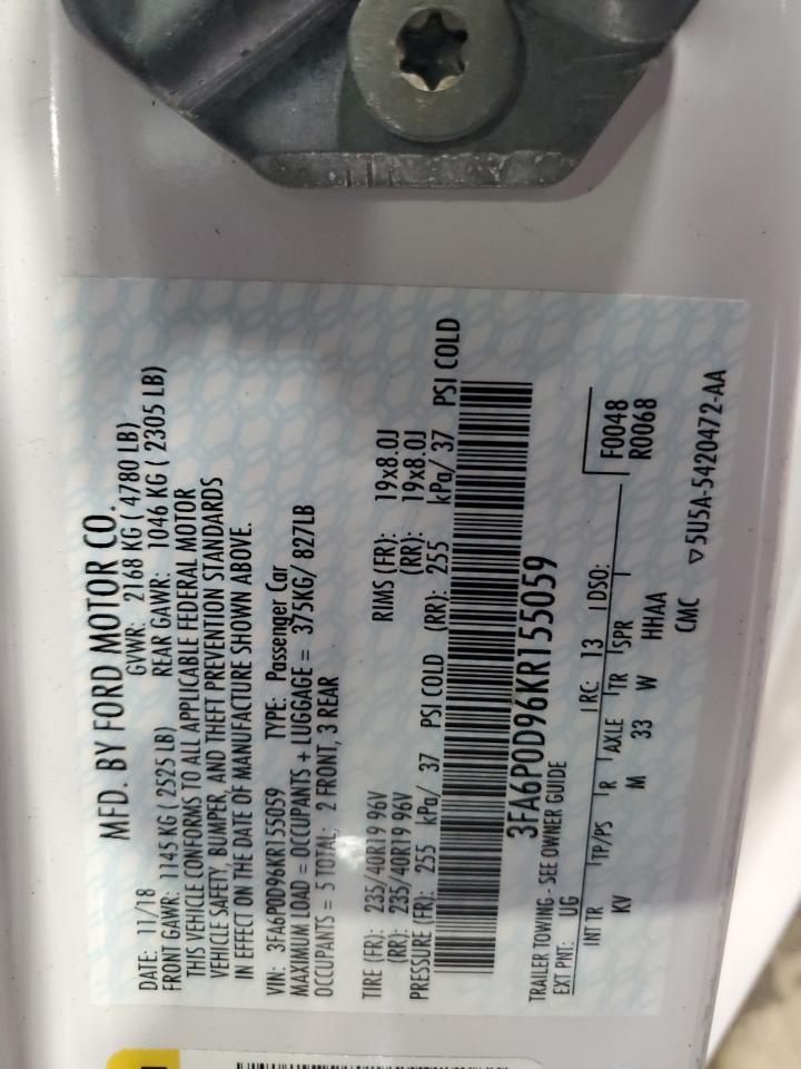 2019 Ford Fusion Titanium VIN: 3FA6P0D96KR155059 Lot: 89448895