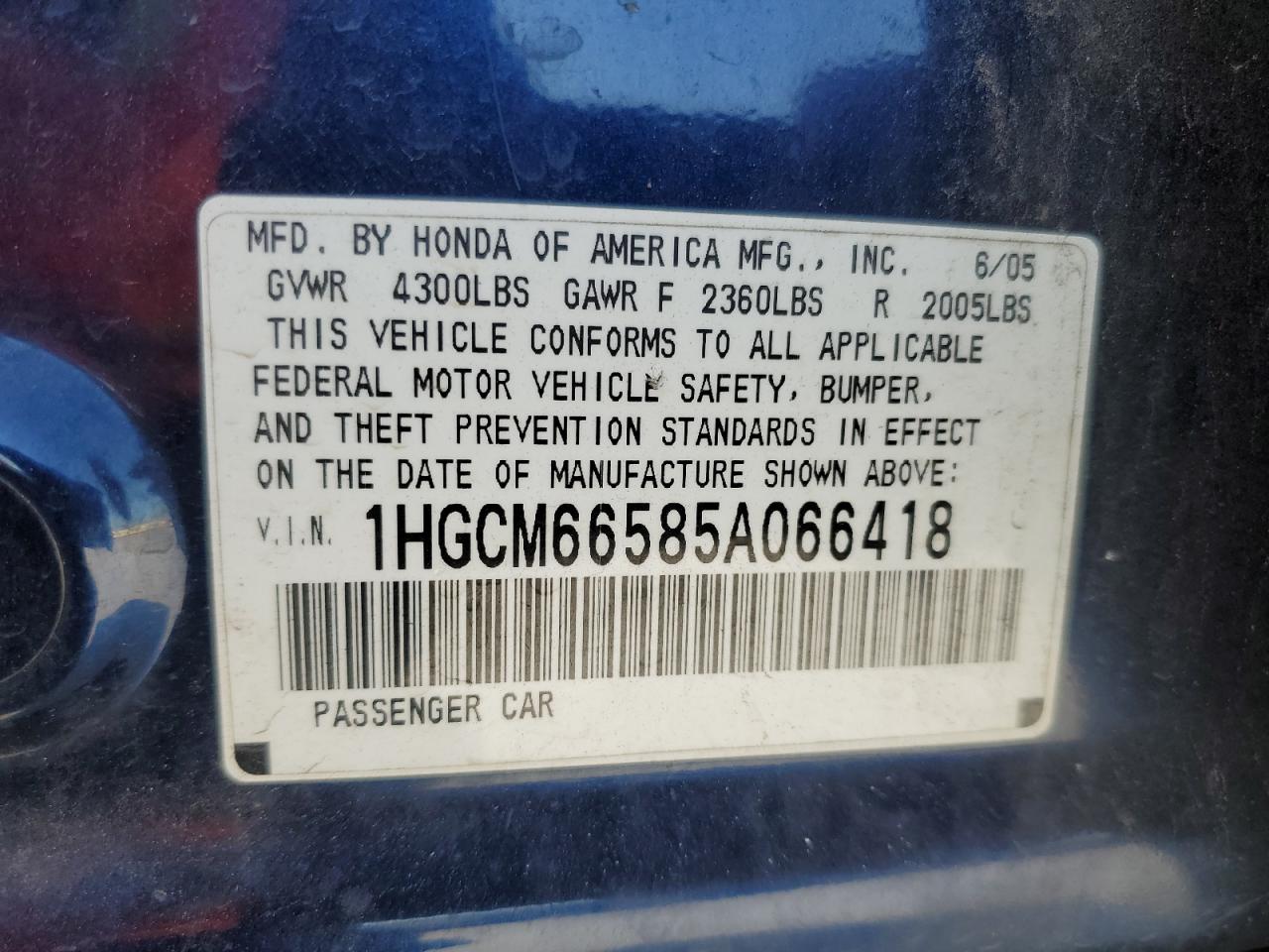 2005 Honda Accord Ex VIN: 1HGCM66585A066418 Lot: 90269805