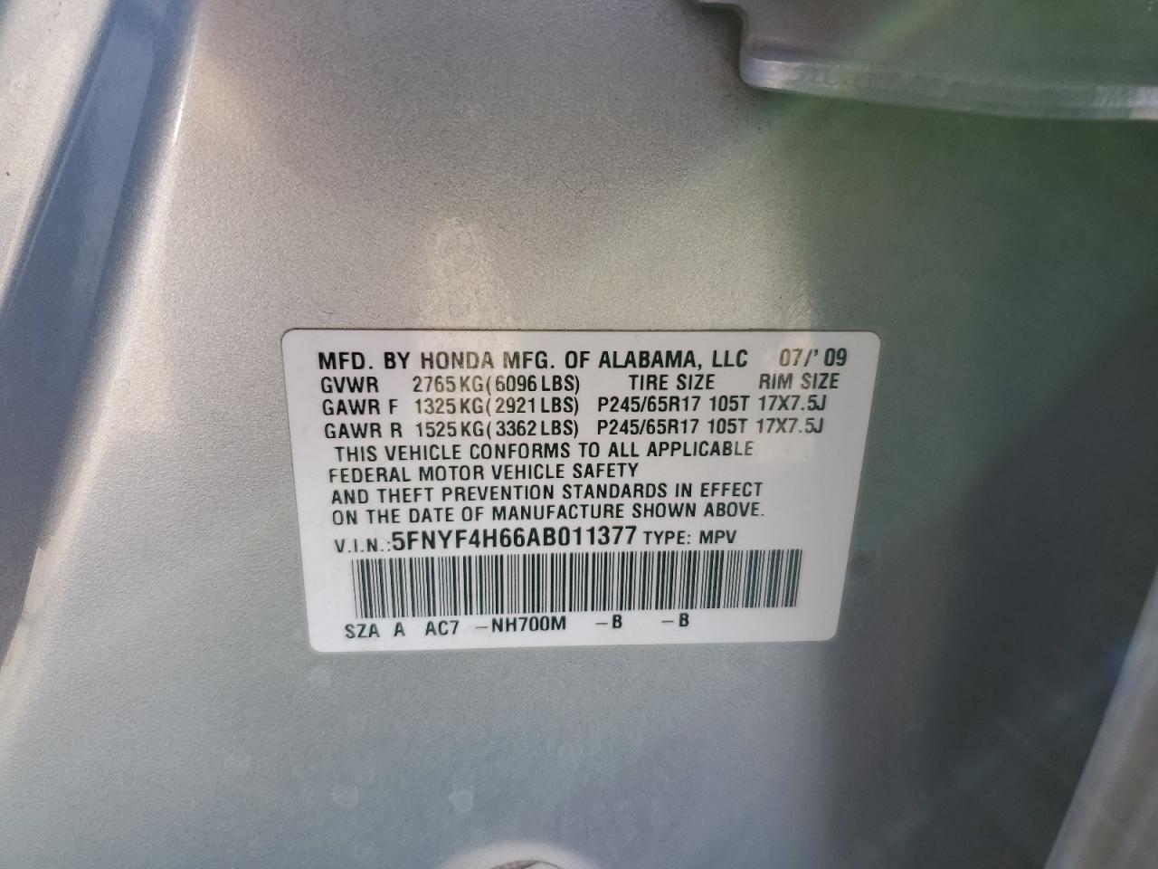 2010 Honda Pilot Exl VIN: 5FNYF4H66AB011377 Lot: 82463975