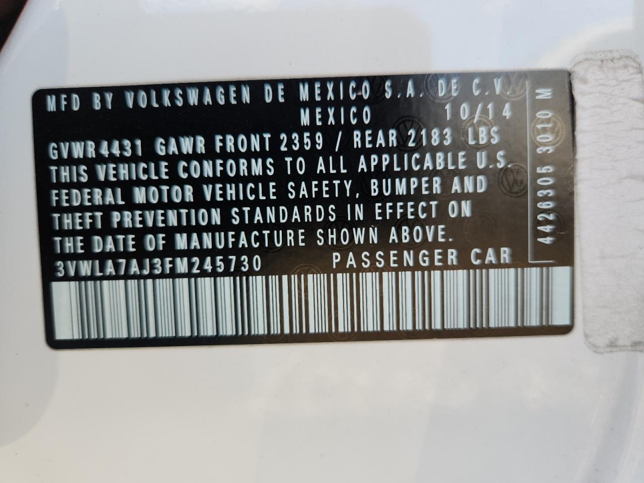 2015 Volkswagen Jetta Tdi VIN: 3VWLA7AJ3FM245730 Lot: 84881765