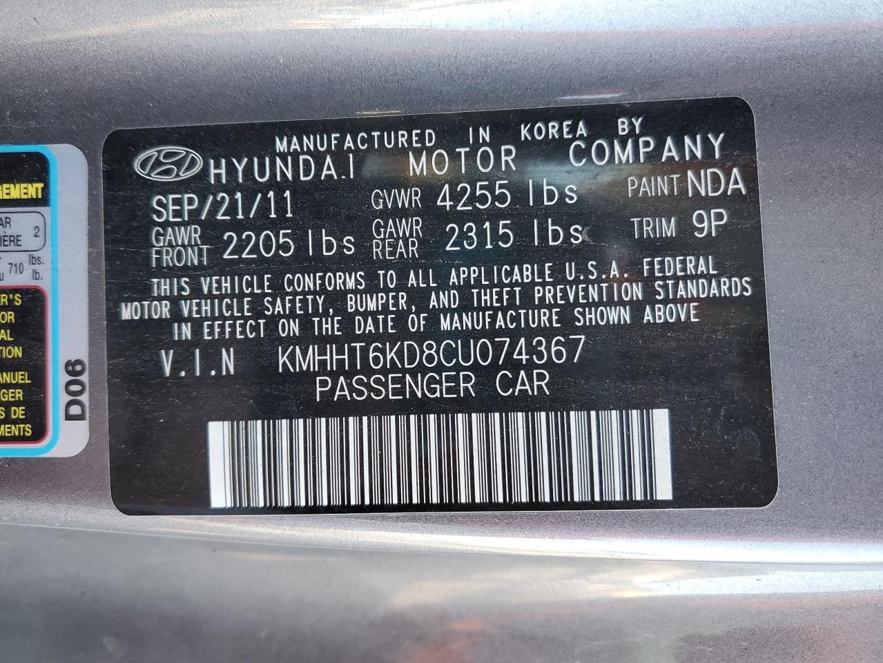 2012 Hyundai Genesis Coupe 2.0T VIN: KMHHT6KD8CU074367 Lot: 86810035