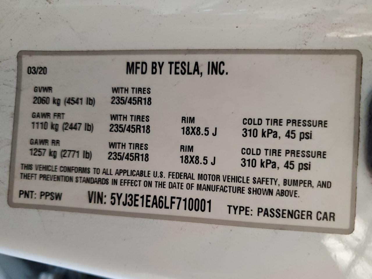 2020 Tesla Model 3 VIN: 5YJ3E1EA6LF710001 Lot: 82562055