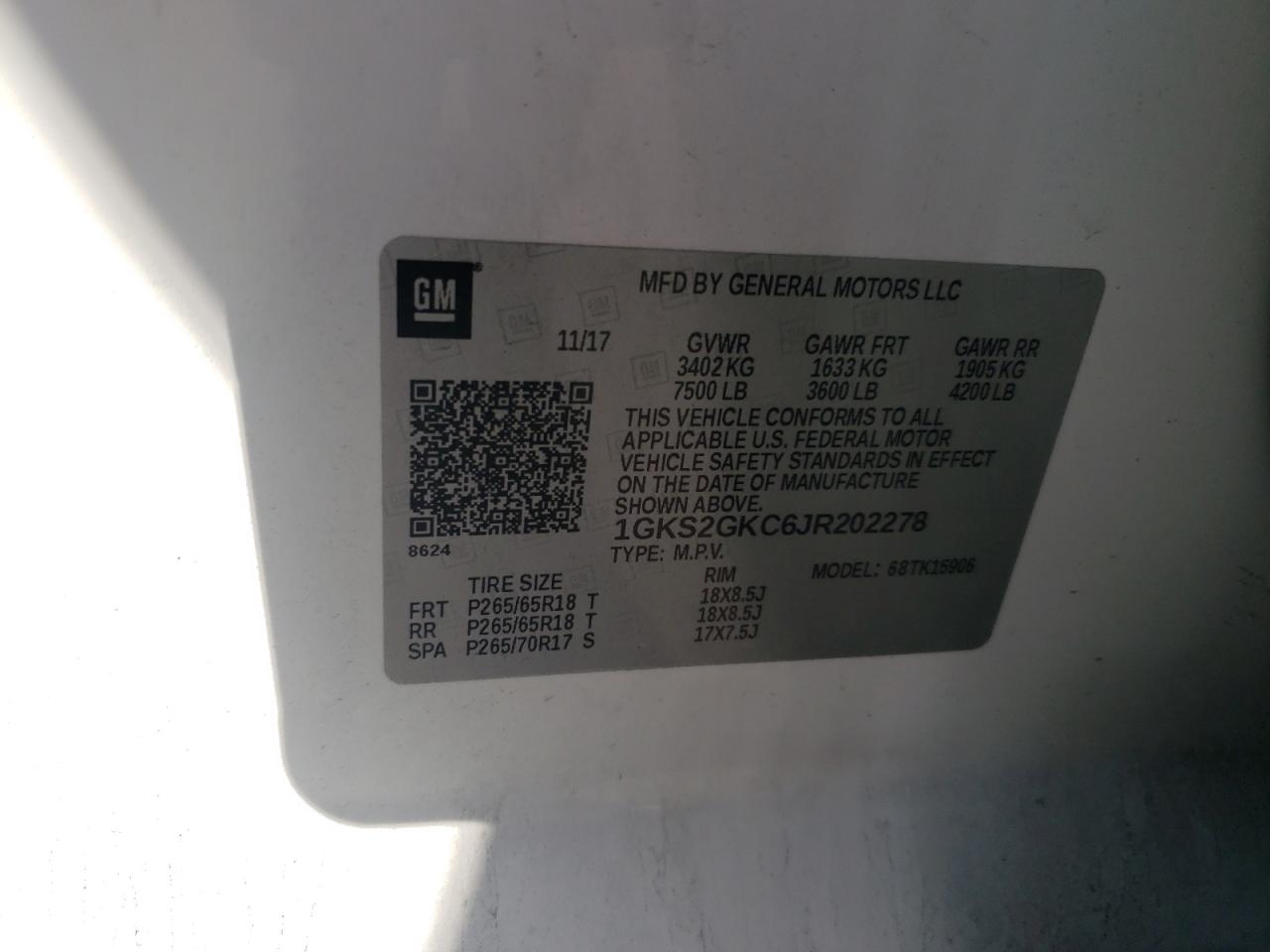 2018 GMC Yukon Xl K1500 Slt VIN: 1GKS2GKC6JR202278 Lot: 82220635